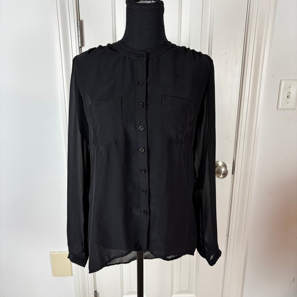 Tart Tops - Tart Women Black Sheer Roll Tab Sleeve Button Up Blouse Band Collar Small